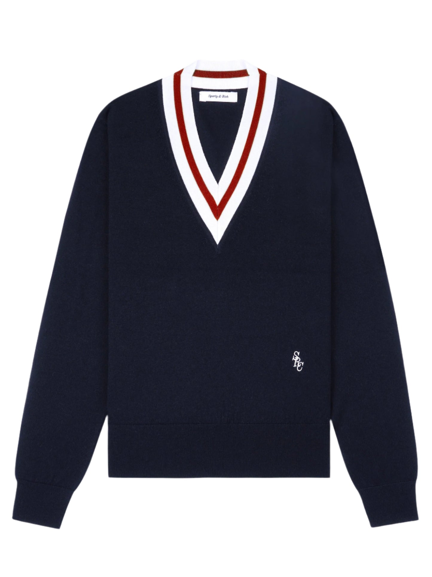 Sporty & Rich Minimalist V-Neck Sweater in Dark Navy/Ecru/Ruby