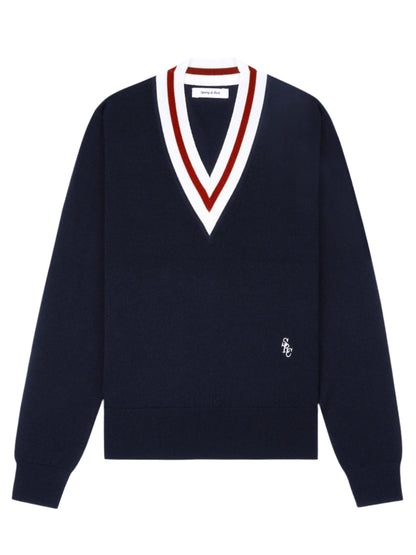 Sporty & Rich Minimalist V-Neck Sweater in Dark Navy/Ecru/Ruby