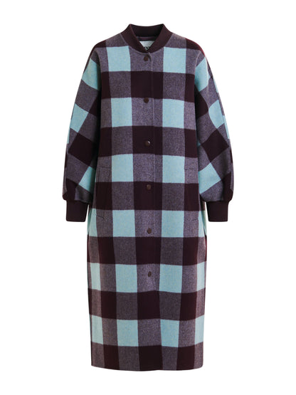 Essentiel Antwerp Ifit Deep Burgundy and Blue Wool Check Coat