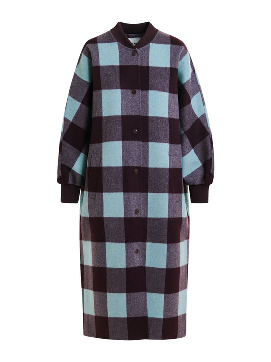Essentiel Antwerp Ifit Deep Burgundy and Blue Wool Check Coat