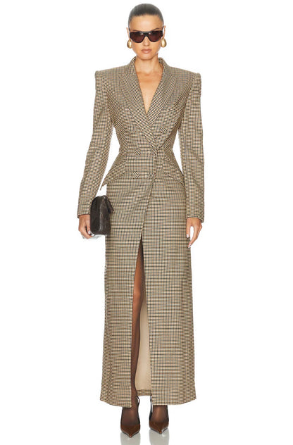 Sans Faff Check Amberly Evening Blazer Dress in Brown Plaid
