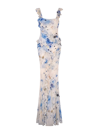 Paris Georgia Romantic Ruffle Dress in Raindrop Print