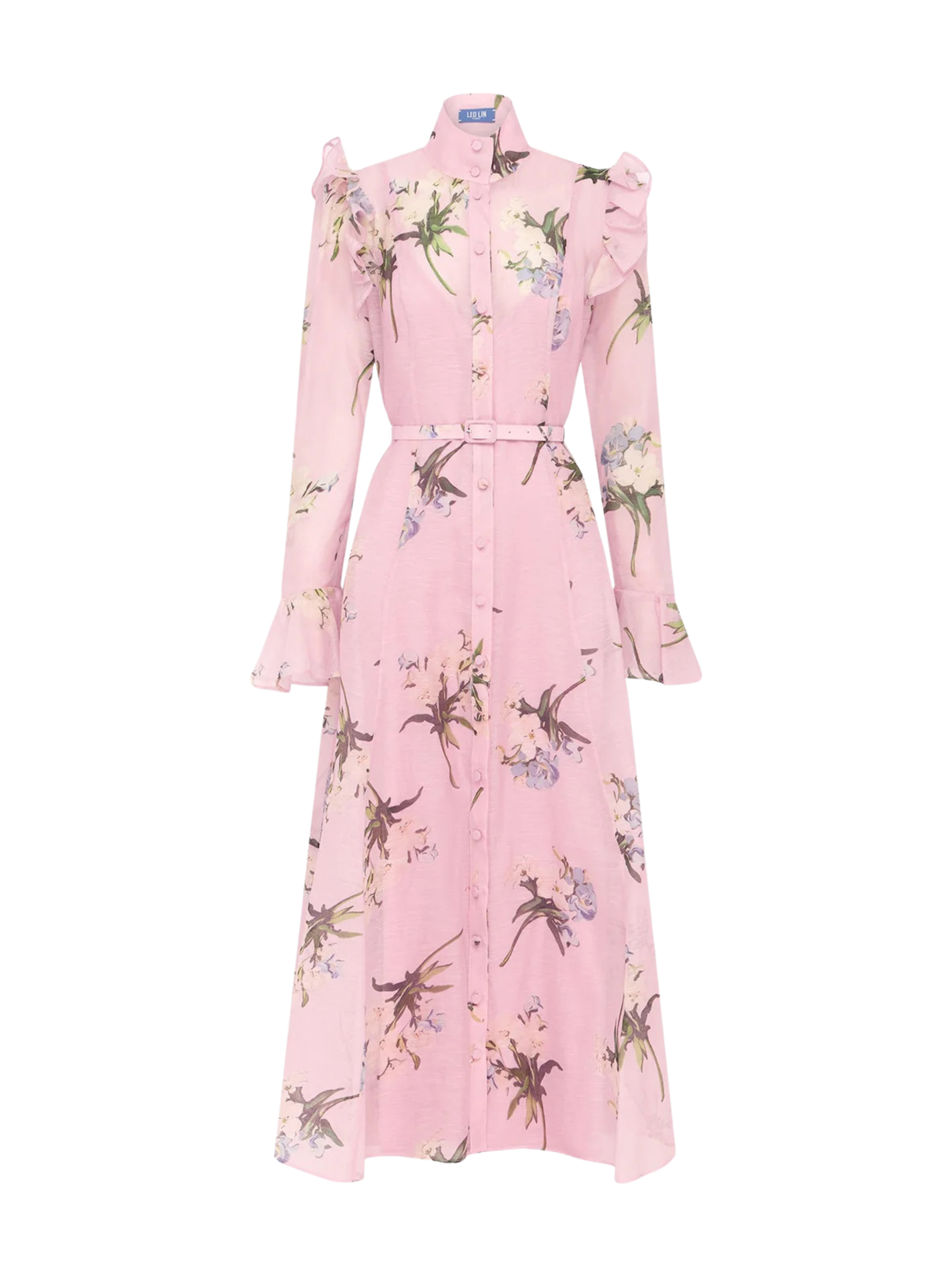 Leo Lin Butterfly Sleeve Midi Dress in Bouquet Print in Pastel Pink