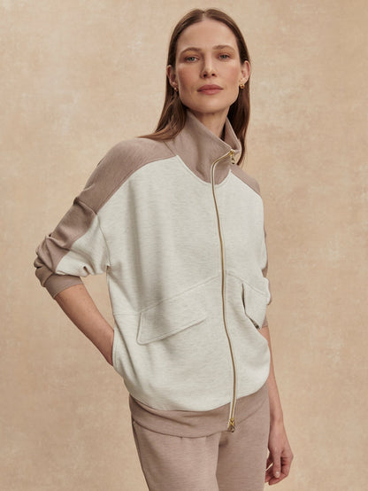 Varley Garcia Two-Tone Zip-Through Sweat in Ivory Marl/Taupe Marl