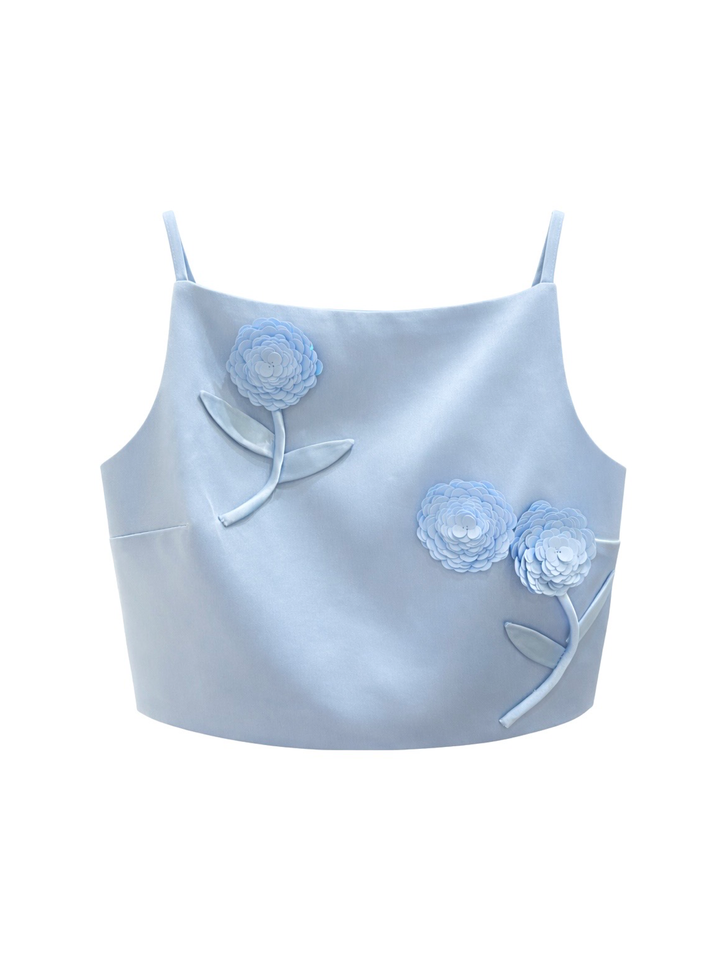 Self-Portrait Satin 3D Sequin Flower Top in Blue