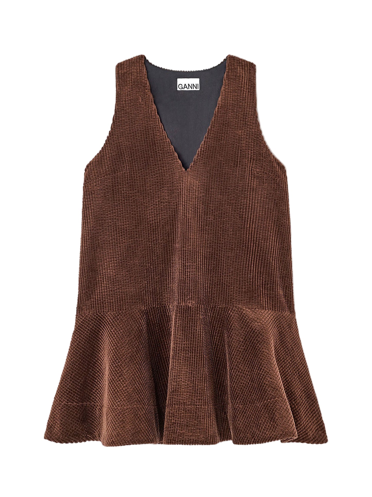 Ganni Seersucker Corduroy V-Neck Dress in Chicory Coffee
