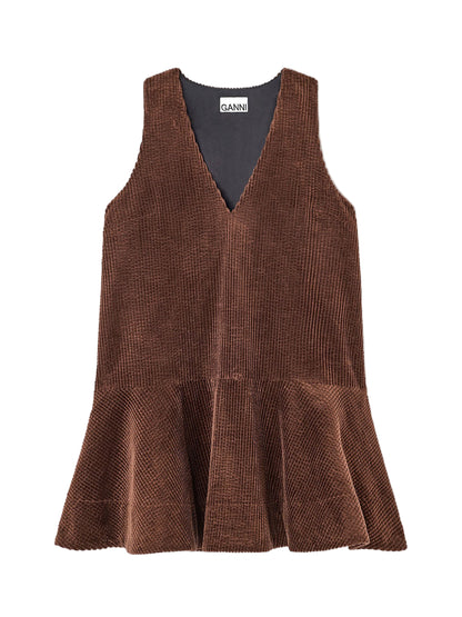 Ganni Seersucker Corduroy V-Neck Dress in Chicory Coffee