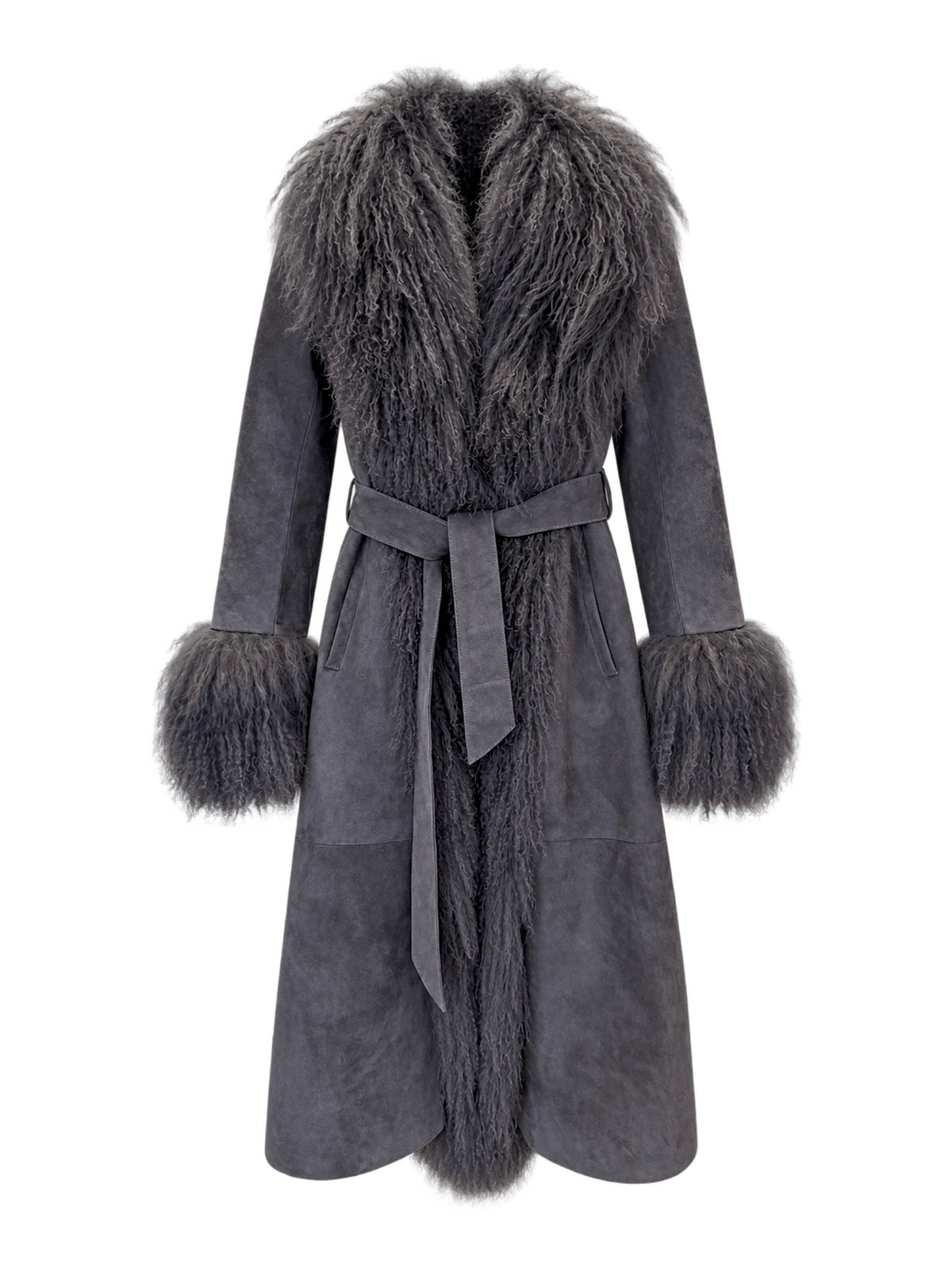 Susanna Chow Inez Suede Shearling Maxi Coat in Graphite