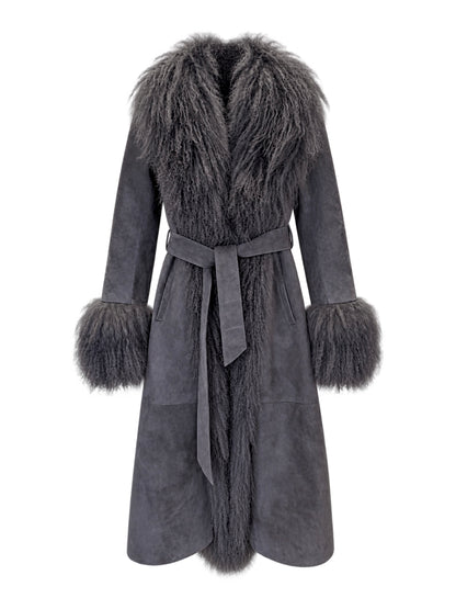 Susanna Chow Inez Suede Shearling Maxi Coat in Graphite