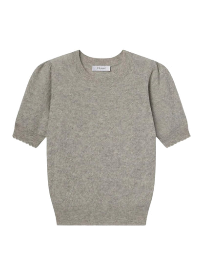 Frame Pointelle Puff Sleeve Sweater in Light Heather Grey