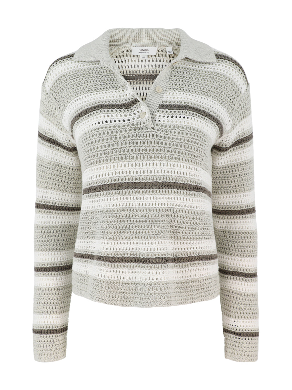 Vince Mesh Stripe Button Polo in White Stone Combo