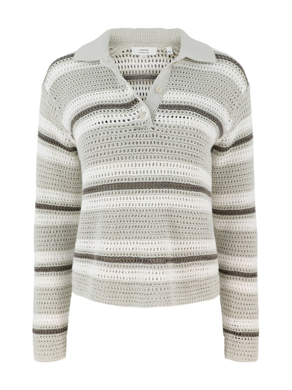 Vince Mesh Stripe Button Polo in White Stone Combo