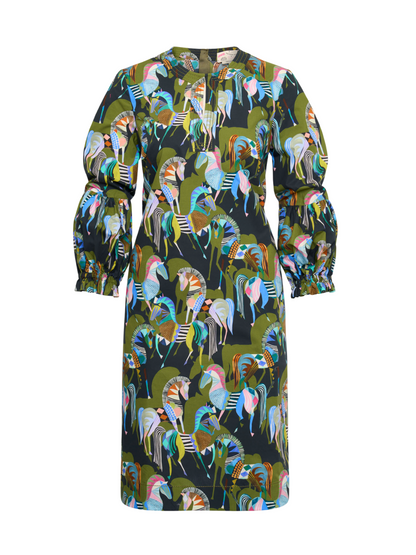 Maison Common Cotton Zebra Print Shift Dress in Green Multi
