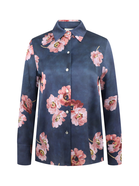 Vince Painted Poppy Long-Sleeve Blouse in Marine Night