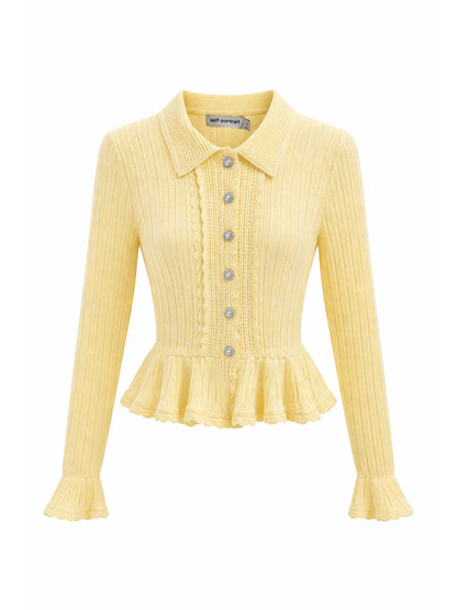 Self-Portrait Pointelle Cardigan in Yellow