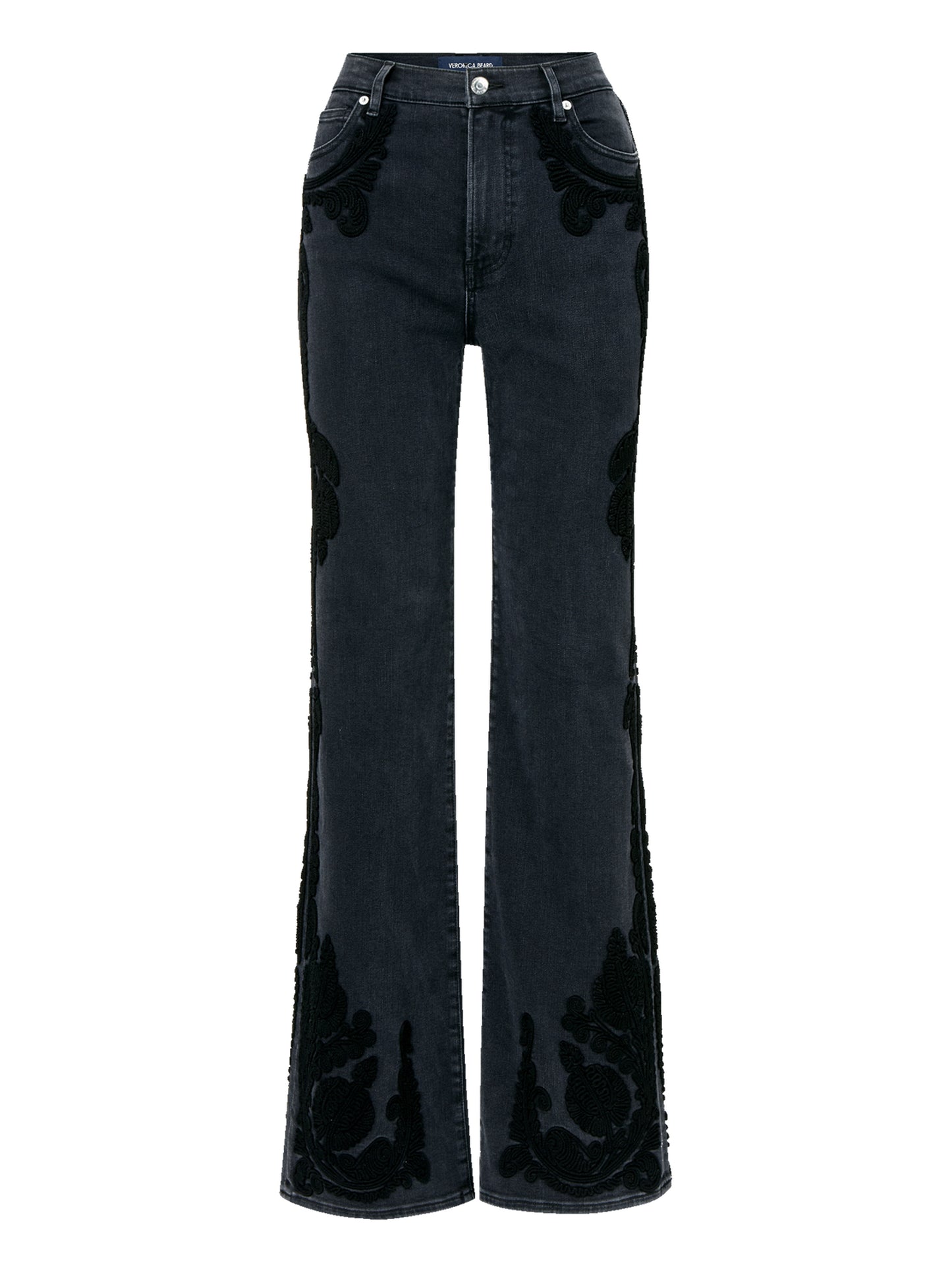 Veronica Beard Crosbie Embroidered Slim Wide-Leg Jean in Washed Onyx