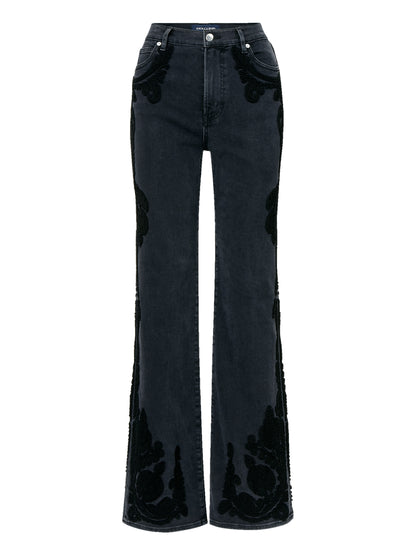 Veronica Beard Crosbie Embroidered Slim Wide-Leg Jean in Washed Onyx