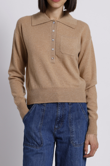 Minnie Rose Henley Polo Sweater With Pocket in Camel