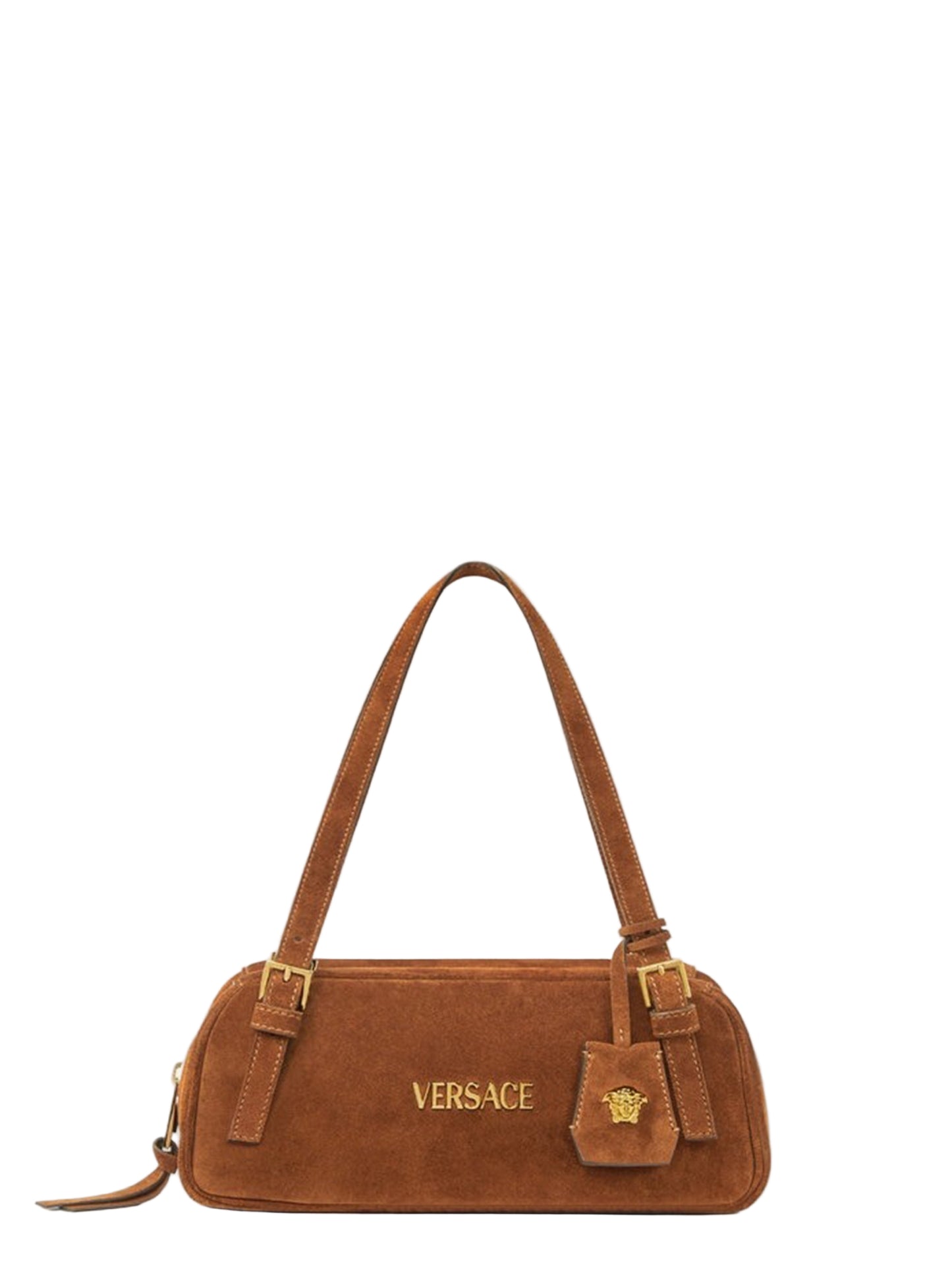 Versace Tag Suede Bowling Bag in Tobacco