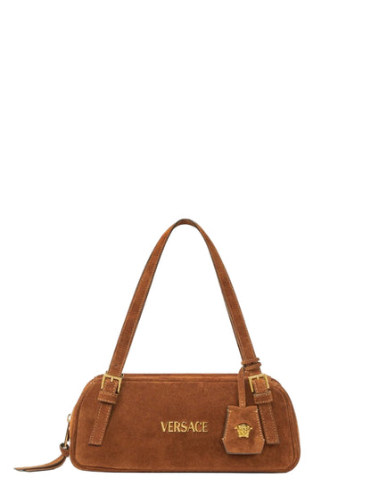 Versace Tag Suede Bowling Bag in Tobacco