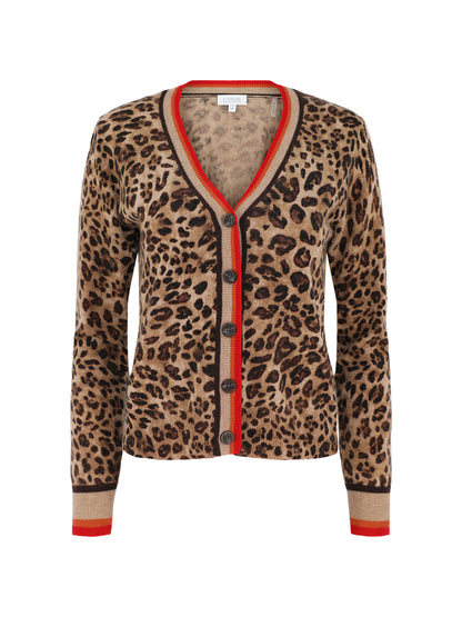 Kinross Tipped Leopard Cardigan in Camel Multi