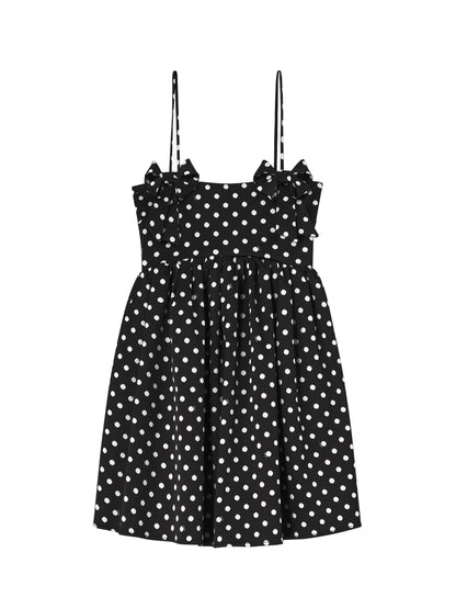 Ganni Printed Polka-Dot Satin Mini Dress in Black