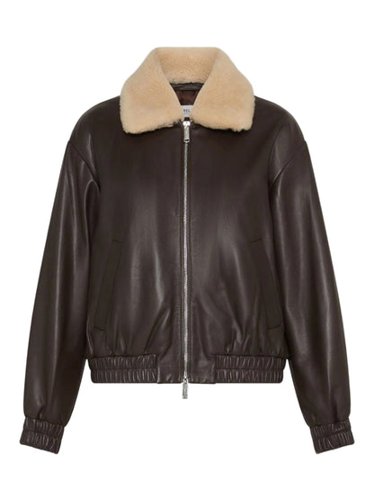 Marella Scandio Leather Bomber Jacket in Brown