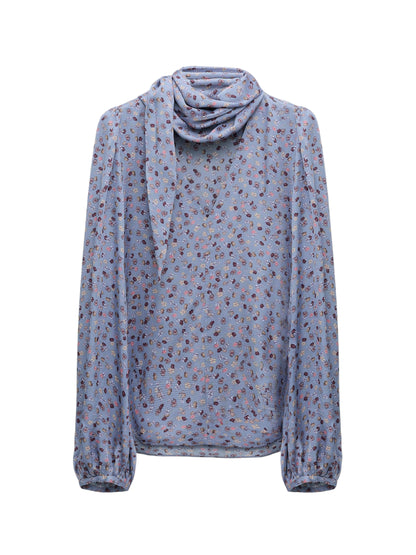 Dorothee Schumacher Printed Blouse in Hammered Satin in Baby Blossom Blue