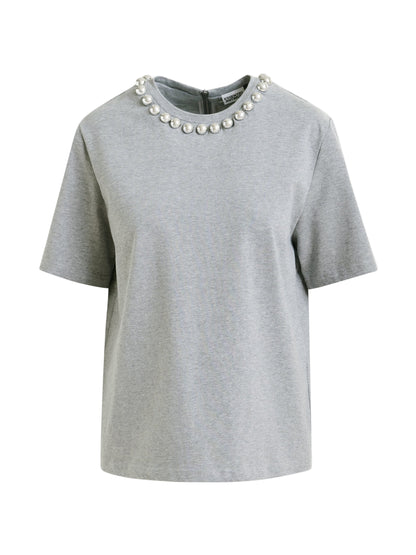 Essentiel Antwerp Intenso Silver Cotton T-Shirt With Metallic Pearls (More Colors)