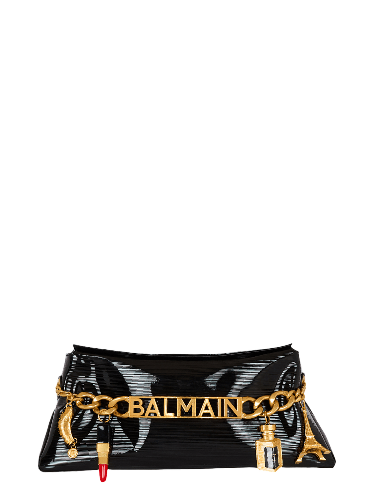 Balmain 11945 Soft Clutch in Striped Patent Leather in Noir