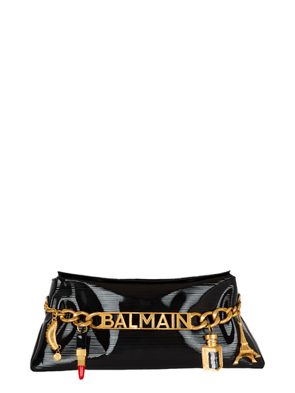 Balmain 11945 Soft Clutch in Striped Patent Leather in Noir