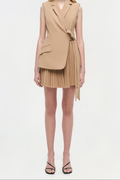Simkkhai Eman Pleated Mini Dress in Camel