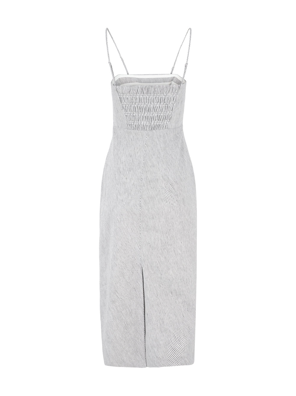 Vince Ticking Stripe Drape Front Strapless Dress in Iris Slate/Off White