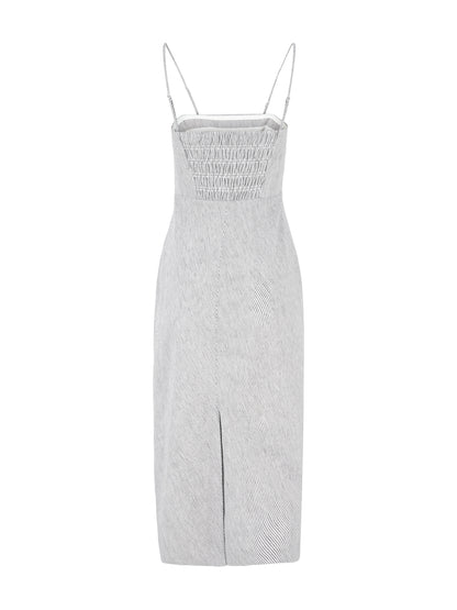 Vince Ticking Stripe Drape Front Strapless Dress in Iris Slate/Off White