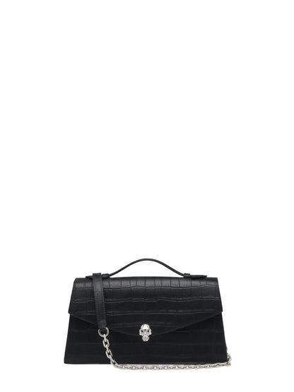 Alexander McQueen Croc Embossed Skull Top Handle Bag in Black/Silver