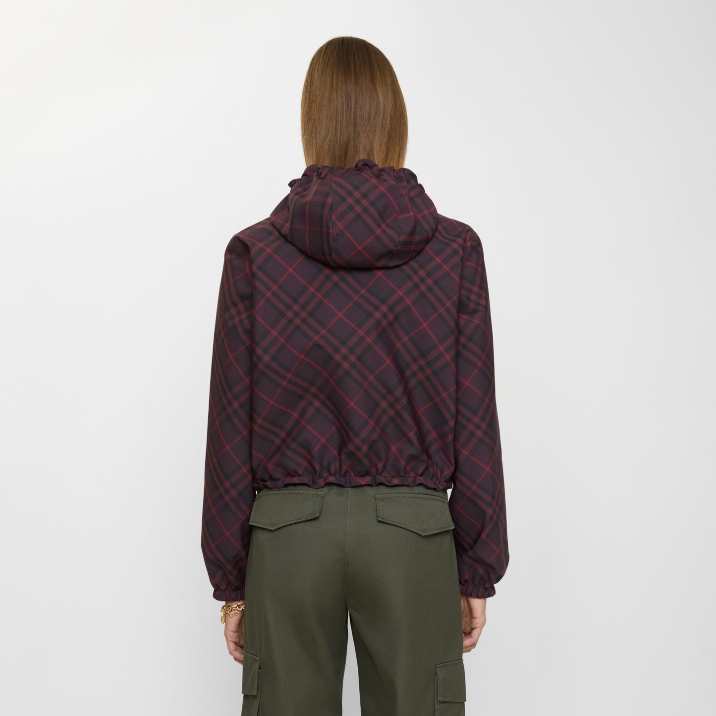 Burberry Cropped Reversible Check Hooded Jacket in Wine IP Check