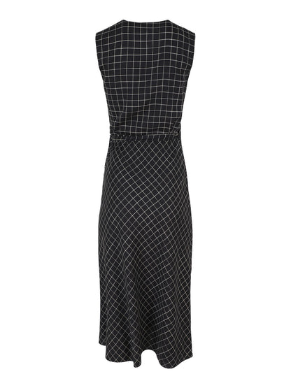 Vince Trellis Plaid Sleeveless Drape Wrap Dress in Black/Cream