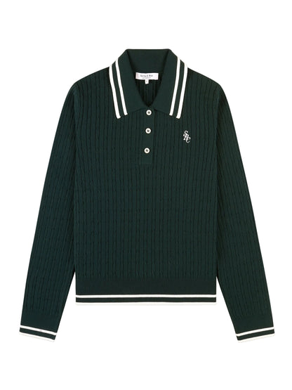 Sporty & Rich SRC Mini Cable Long Sleeve Polo in Forest/Ecru