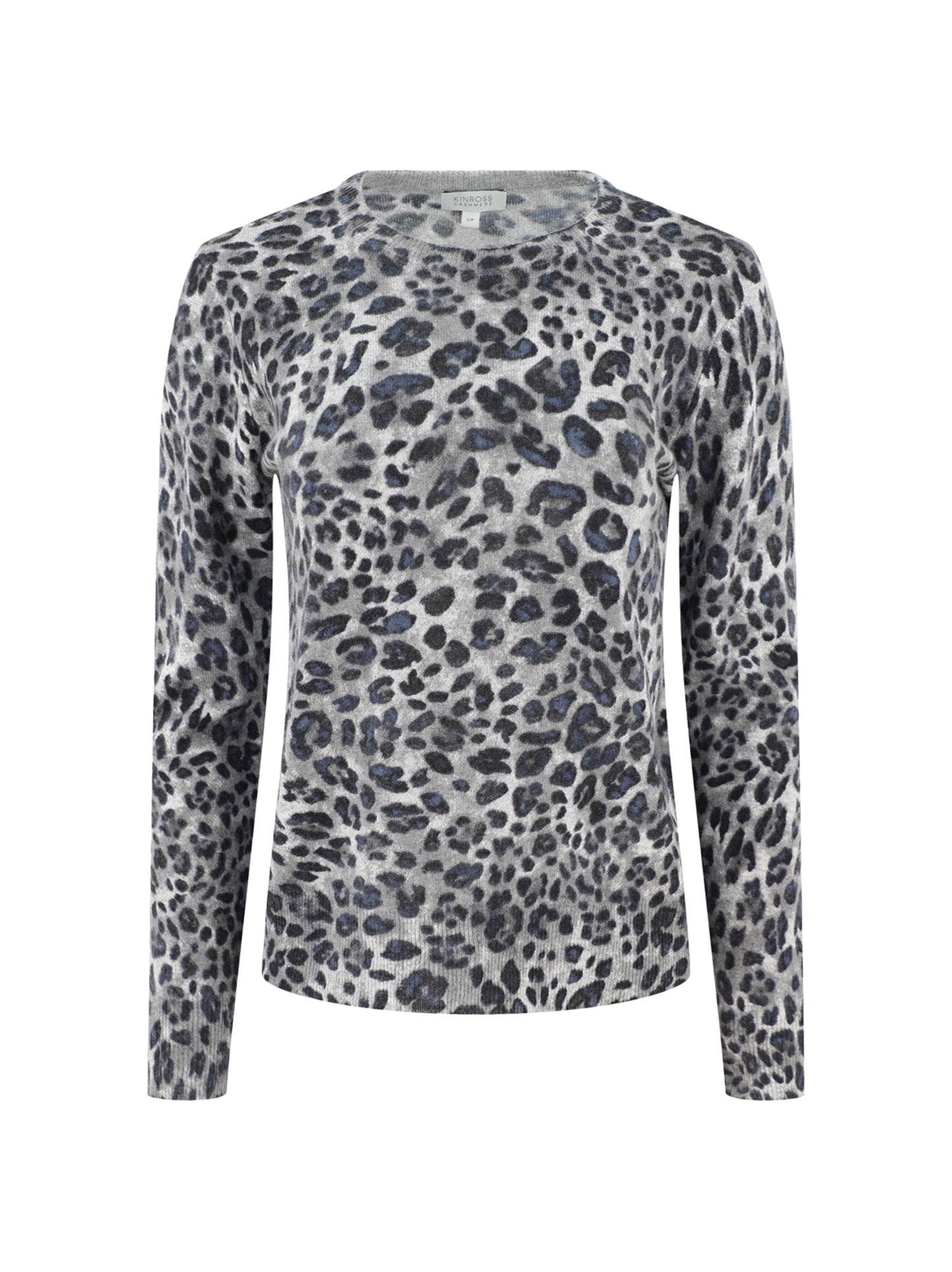 Kinross Cashmere Leopard Crew in Sterling Multi
