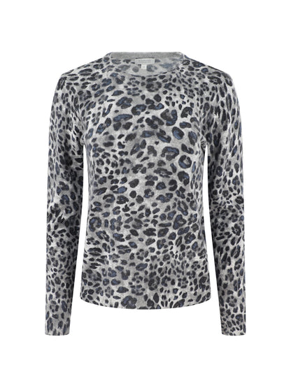 Kinross Cashmere Leopard Crew in Sterling Multi
