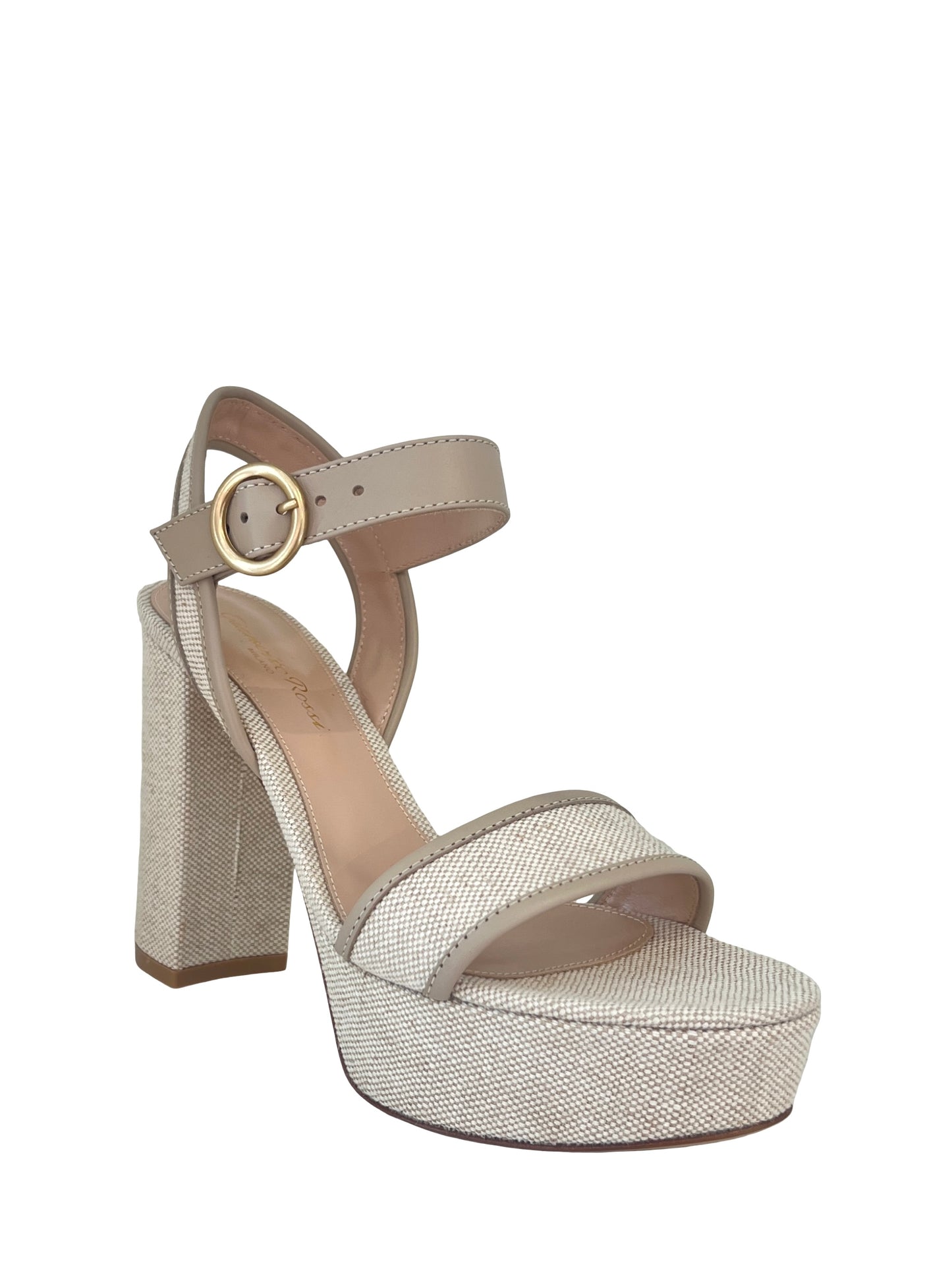 Gianvito Rossi Canvas Platform Heel Sandals in Sand + Natural