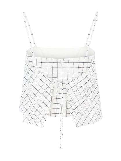 Vince Trellis Plaid Strapless Tie Back Top in Off White/Navy