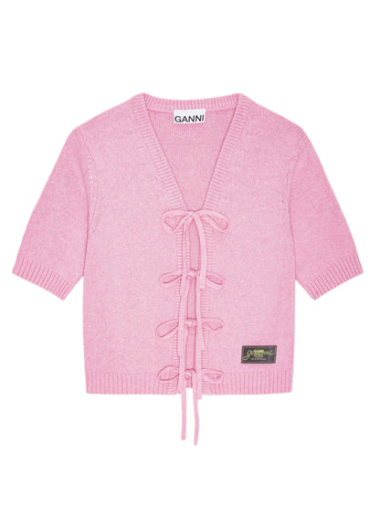 Ganni Future Wool Mix Short Sleeve Cardigan in Primrose Pink