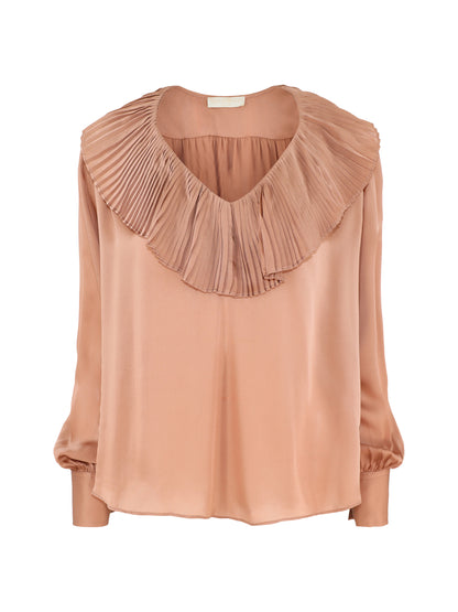 Ulla Johnson Liese Silk Pleated Neckline Long Sleeve Blouse in Desert Rose