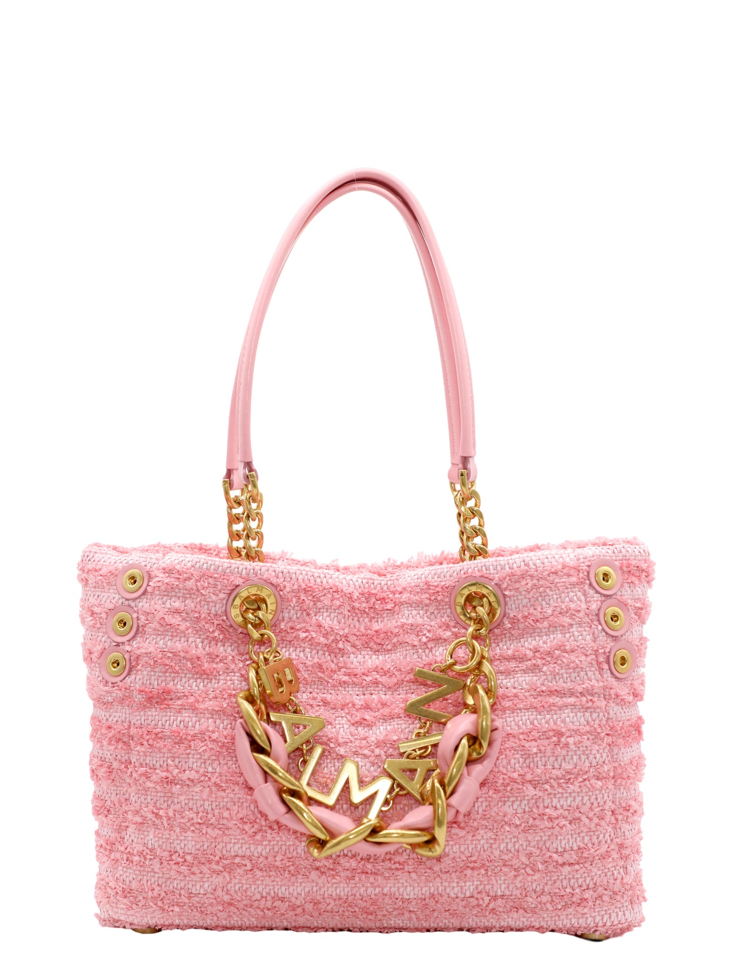 Balmain 1945 Soft Cabas Small-Raphia Tweed in Rose Bonbon