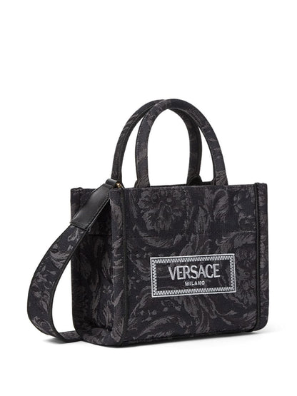 Versace Extra Small Tote Embroidery Jacquard in Black/Black-Versace-Gold