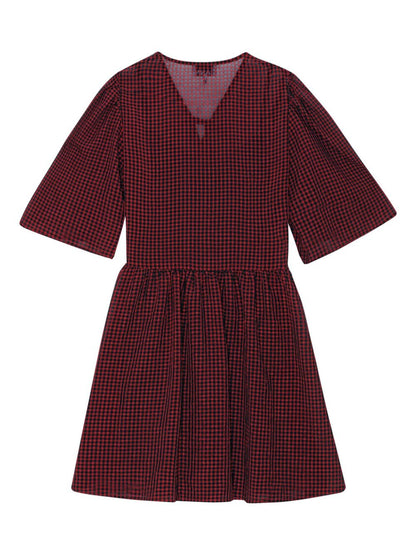Ganni Sheer Fluid Check Tie String Wrap Dress in Winery