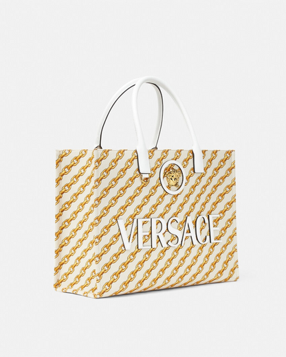 Versace Chain Stripes La Medusa Large Tote Bag in Porcelain White/Multi/Gold