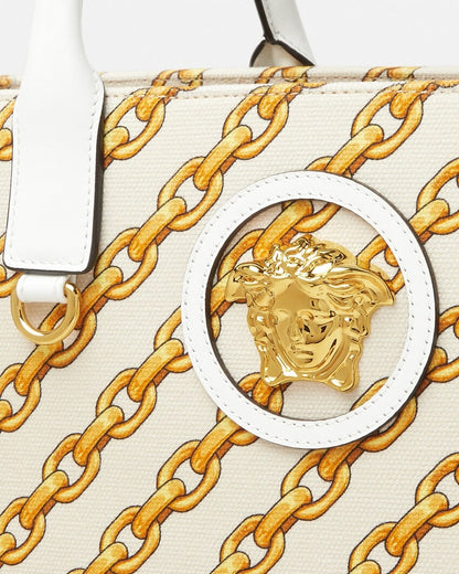 Versace Chain Stripes La Medusa Large Tote Bag in Porcelain White/Multi/Gold