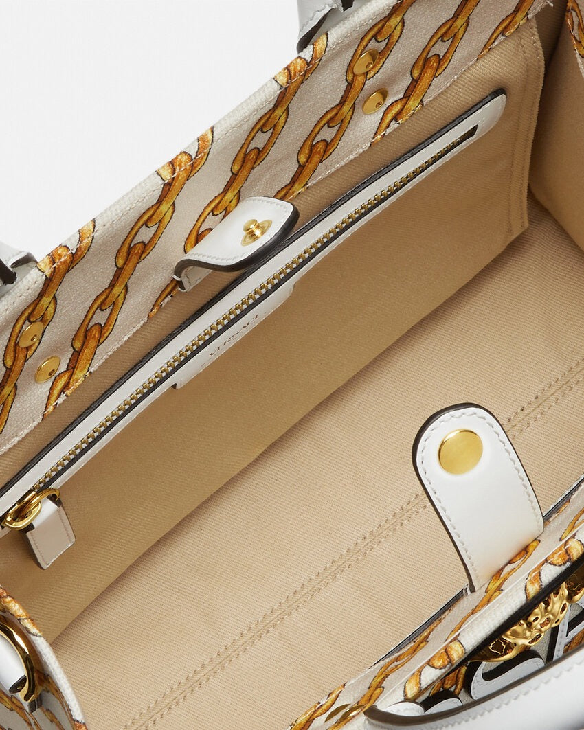 Versace Chain Stripes La Medusa Small Tote in Porcelain White/Multi/Gold